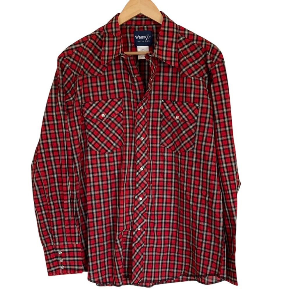 Wrangler Mens Red Black Plaid Casual Pearl Snap Shirt Size Large Western Classic